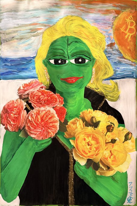 A painting of a green-skinned woman with blonde hair holding bouquets of pink and yellow roses, with a Bitcoin logo in the sun behind her. The signature "736" appears in the lower right, matching the "#736 in the pile" reference in the caption, linking this piece to a series titled "PEPE."