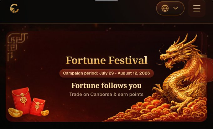 A promotional banner for a "Fortune Festival" campaign running July 29 – August 12, 2026, featuring a golden dragon and red envelopes, with the tagline "Fortune follows you — Trade on Canborsa & earn points." The festive, wealth-themed design contrasts with the post's focus on Canborsa's rare offering of Asian market RWA tokens like $CXMT and $DRAM, positioning the campaign as an opportunity to access hard-to-find onchain exposure.