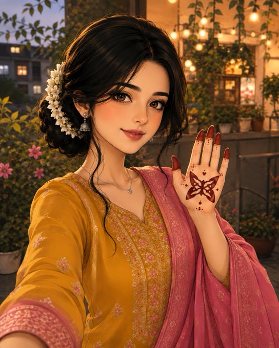 An illustrated anime-style woman with dark hair adorned with white flowers wears a yellow and pink traditional outfit, displaying butterfly henna designs on her palm.