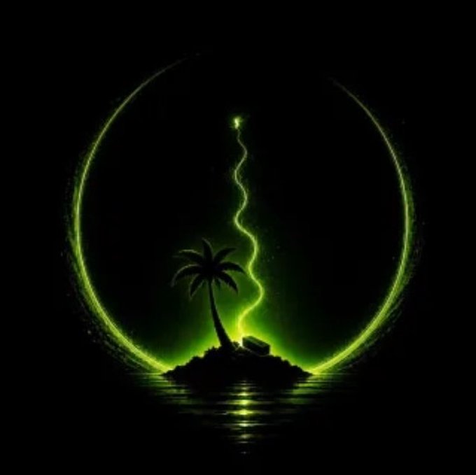 A dark, atmospheric digital artwork showing a glowing green crescent moon shape surrounding a palm tree on a small island, with a swirling green light in the center.
