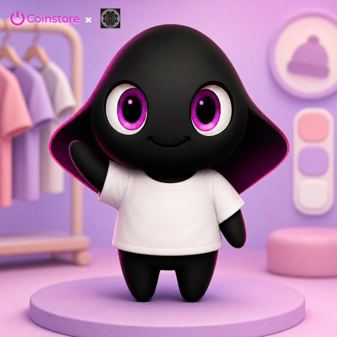 A cute black mascot with big purple eyes wearing a white t-shirt stands on a pink platform, with "Coinstore" branding visible in the top-left corner, illustrating the design challenge inviting users to create ORGON-inspired outfits for the character.