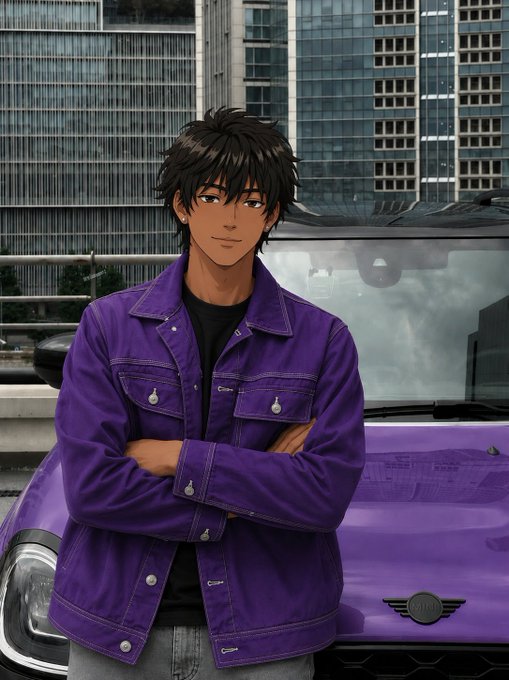 An anime-style illustration of a young man with messy brown hair and a purple denim jacket standing with crossed arms in front of a purple Mini Cooper with city buildings in the background.