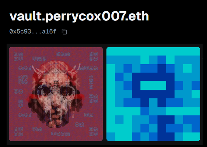 A graphic displaying the ENS domain 'vault.perrycox007.eth' and a partial address '0x5c93...a16f' above two NFT images: a pixelated red skull with Japanese text and a blue pixelated face.