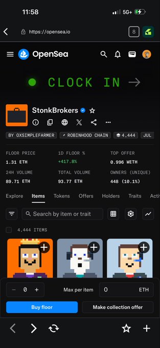 OpenSea mobile app showing the StonkBrokers NFT collection by 0xSIMPLEFARMER on Robinhood Chain, with a floor price of 1.31 ETH, up 417.8% in 24h, and 4,444 items.
