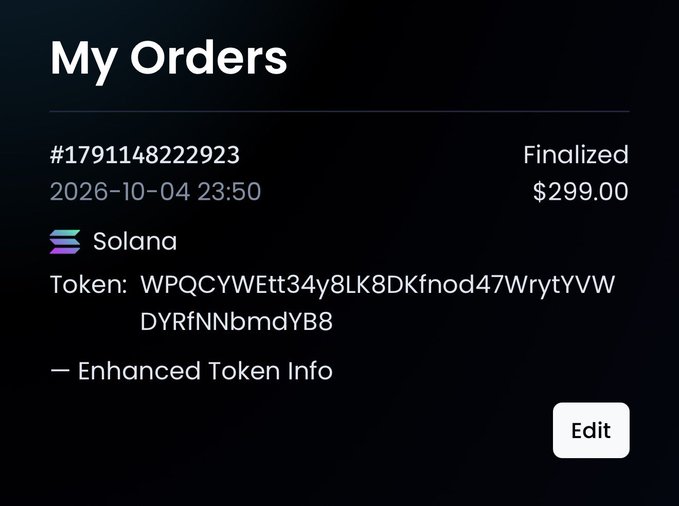 An order summary screen showing order #1791148222923 dated 2026-10-04 for $299.00, marked as Finalized, paid with Solana token WPQCYWEt34y8LK8DKfnod47WrytYVWDYRfNNbmdYB8.