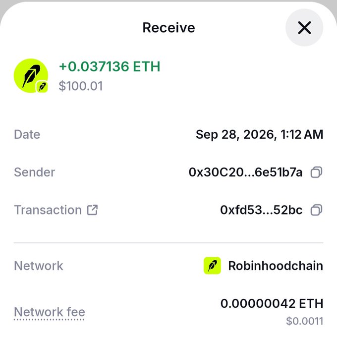 A cryptocurrency wallet 'Receive' screen showing +0.037136 ETH ($100.01) received on Sep 28, 2026 via Robinhoodchain network with transaction details.