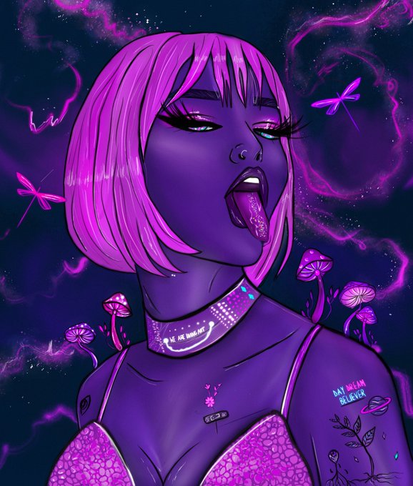 A purple-toned digital illustration of a woman with a pink bob licking her lip, adorned with tattoos and a 'DAY DREAM BELIEVER' tattoo, surrounded by dragonflies and mushrooms.