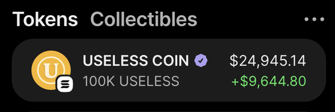 A digital interface displays a cryptocurrency entry under 'Tokens' and 'Collectibles' tabs, showing 'USELESS COIN' at '$24,945.14' with a gain of '+$9,644.80' for '100K USELESS', marked with a verified checkmark.