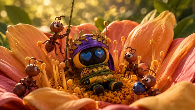 A 3D-rendered scene depicts a small, robed robotic figure with heart-shaped eyes lying inside a large pink flower, surrounded by several cartoonish ants.