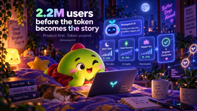 Marketing image for Sleepagotchi featuring a cute green character at a laptop, with text reading '2.2M users before the token becomes the story' and 'Product first. Token second.' along with stats like 'Better Sleep ↑23%', 'Faster Recovery ↑18%', and 'Happier You ↑31%'.