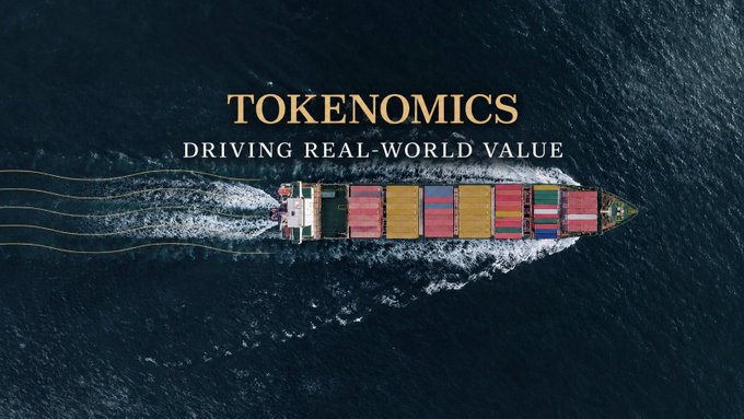 An aerial view of a cargo ship sailing across dark ocean waters with the text 'TOKENOMICS - DRIVING REAL-WORLD VALUE' overlaid in gold lettering.