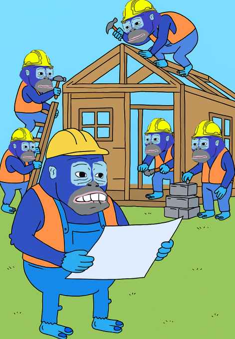 A cartoon illustration of blue monkeys wearing yellow hard hats and orange vests working on constructing a wooden house, with one monkey in the foreground reading blueprints.
