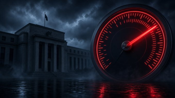 A dark, foreboding image of the Federal Reserve building under stormy skies looms beside a glowing red gauge with its needle pushed into the red zone, visually amplifying the post's warning that markets are pricing hawkish Warsh-era hikes up to 3.75–4%, with FedWatch odds of another quarter-point move in October reinforcing the "higher-for-longer" headwind weighing on Bitcoin.