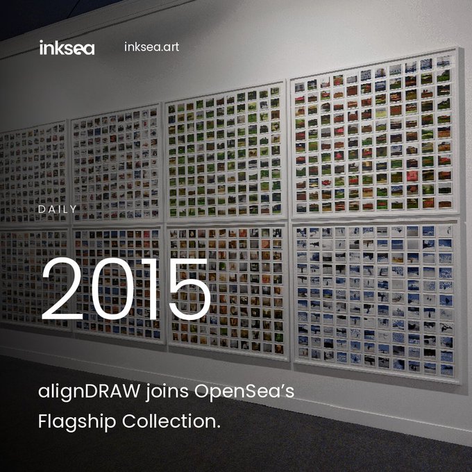 An art gallery display showing multiple grids of small photographs with text overlay reading 'inksea inksea.art', 'DAILY 2015', and 'alignDRAW joins OpenSea's Flagship Collection.'