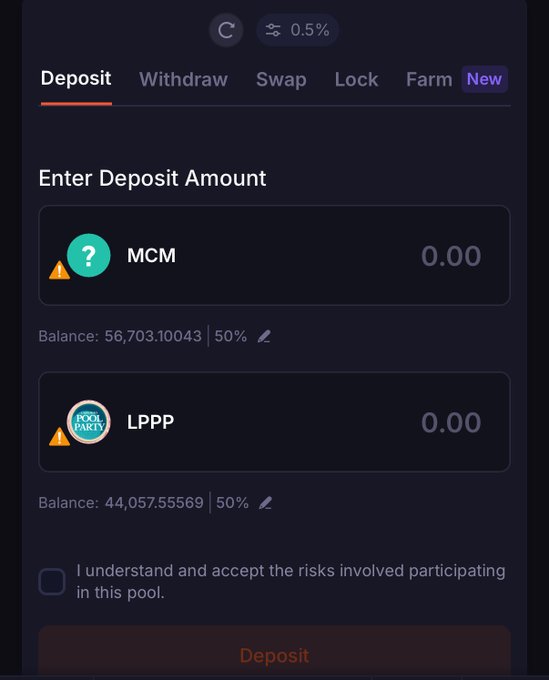 A cryptocurrency deposit interface showing options to deposit 'MCM' and 'LPPP' tokens with their respective balances.