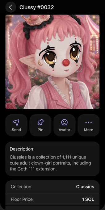 A mobile app screen showing 'Clussy #0032', described as part of a collection of '1,111 unique cute adult clown-girl portraits, including the Goth 111 extension,' with a floor price of '1 SOL'.