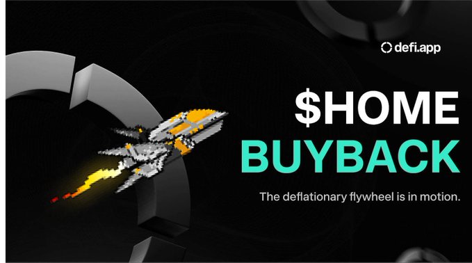 The image features a rocket ship with flames coming out of its nose, flying through space against a black background. Below the rocket, there's text that reads "Home Buyback" and "The defi app has never shipped more revenue than this product". The rocket is positioned in the center of the image, while the text is located on the right side.