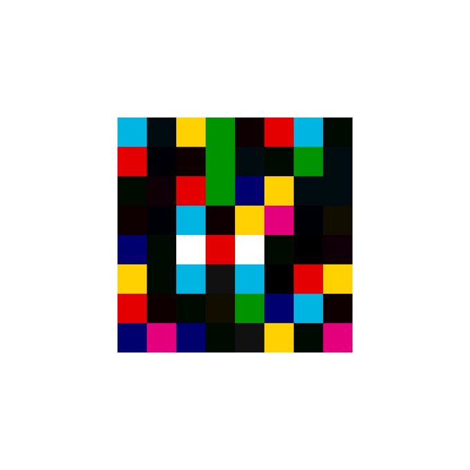A pixelated mosaic artwork on a white background featuring a grid of multicolored squares in shades of red, blue, green, yellow, pink, and white against a black backdrop.
