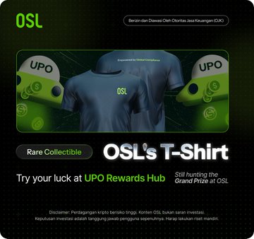 A promotional social post featuring a dark teal "OSL's T-Shirt" with UPO logo buttons, advertising an "UPO Rewards Hub" lucky draw at the Berdan David Cruise Off-Chortos Jess Knaugen (DJK) event, inviting users to repost their lucky draw results and tag a friend for a chance to win the shirt.