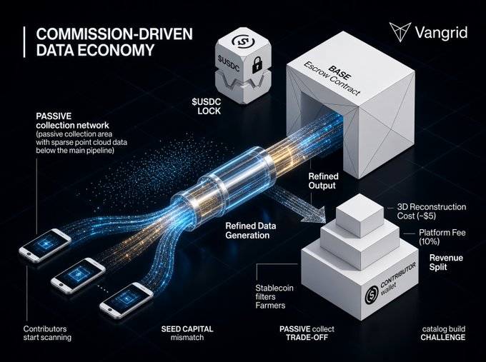 The image is an infographic titled "COMMISSION-DRIVEN DATA ECONOMY" by Vangrid, illustrating a pipeline where enterprises lock USDC into a Base escrow contract, contributors scan to generate refined data that flows back, and costs cover 3D Reconstruction (~$5) and a 10% platform fee, splitting revenue between farmers and contributors.