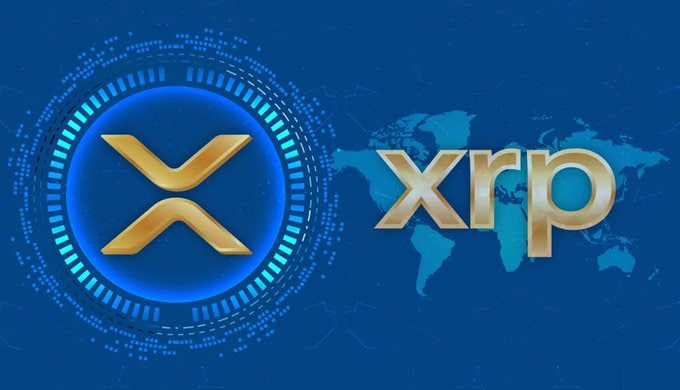 Graphic showing the gold XRP logo beside the word “XRP” on a blue world-map background.