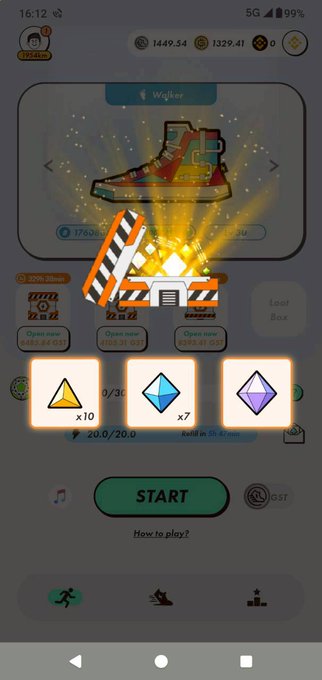 A mobile game screenshot showing a sneaker NFT item with three multiplier options (x10, x7, x7) above a 'START' button, likely related to the STEPN or similar move-to-earn app.