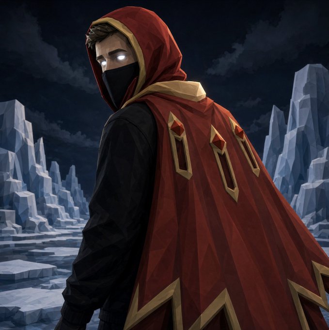 Digital artwork of a hooded figure wearing a black mask and a red cape with gold trim and red gem accents, set against a backdrop of jagged ice spires under a dark sky.