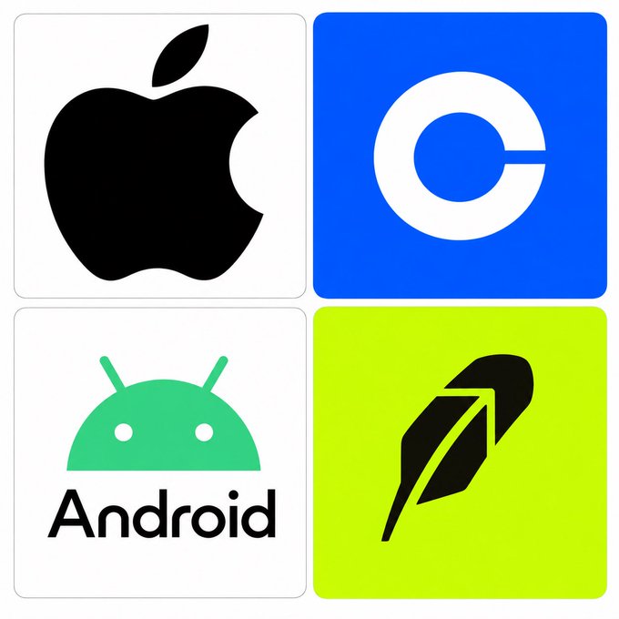 A 2x2 grid of tech/company logos: Apple, a blue 'C' logo, Android, and a black quill/feather icon on a green background.