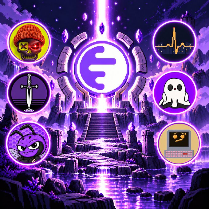 A mystical purple pixel art portal scene features a glowing central "E" logo flanked by six circular icons depicting a cyberpunk skull with beanie, sword, ghost, bee, computer terminal, and a cityscape labeled "MATIC POS"—celebrating top Web3 holders as "legends" across multiple collections with a guaranteed Ink Sigil status.