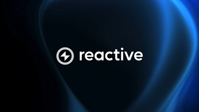 A dark blue and black gradient background featuring a white circular logo with a lightning bolt symbol next to the word 'reactive' in lowercase letters.