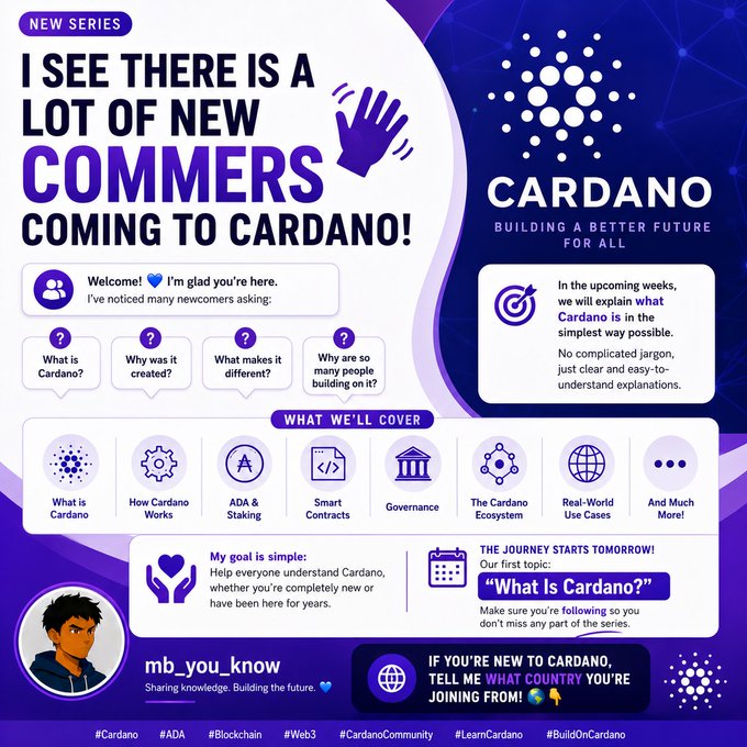 An infographic from @mb_you_know welcoming newcomers to Cardano, outlining topics like what Cardano is, how it works, ADA & staking, smart contracts, governance, the ecosystem, and real-world use cases.