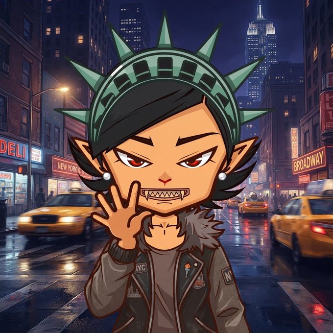 An anime-style illustration of a character with pointed ears and red eyes wearing a spiked crown resembling the Statue of Liberty, set against a rainy New York City street scene with taxis and the Empire State Building.
