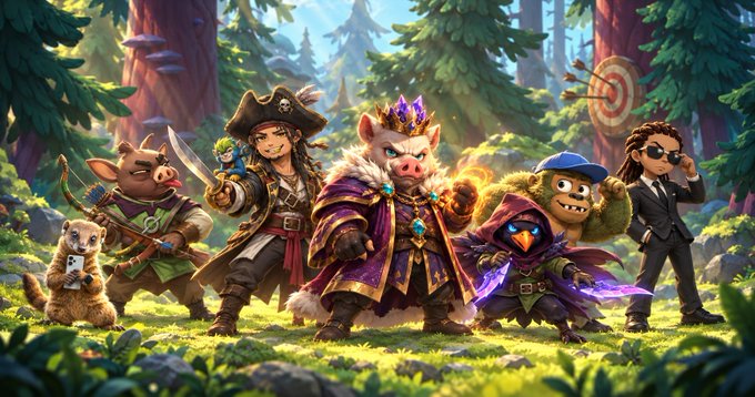 Digital fantasy illustration featuring a group of stylized characters including a pirate, armored boar-king with a crown, hooded figure, and archer standing in a forest clearing.