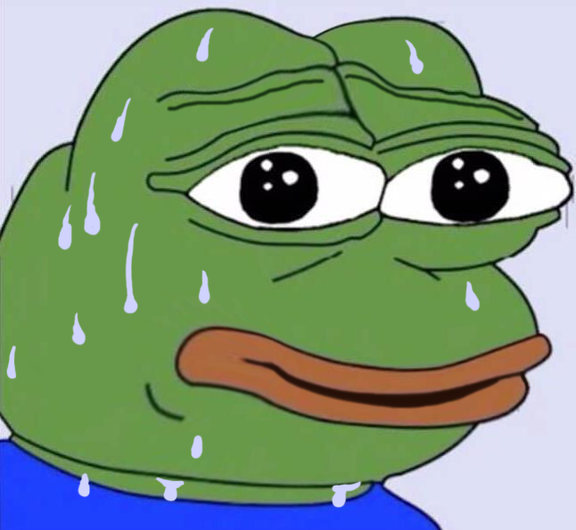A close-up of a sweating, anxious-looking Pepe the Frog cartoon character with large eyes and a frown.