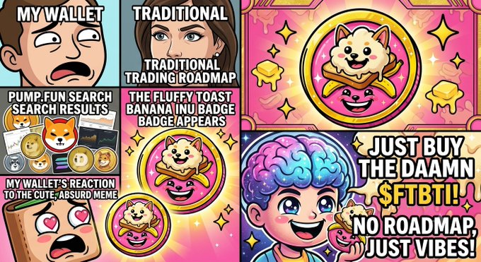 A four-panel cartoon depicts a humorous crypto investor's journey from searching for a trading roadmap to impulsively buying a $FTBI meme coin, ending with the advice 'JUST BUY THE DAAMN $FTBI!! NO ROADMAP, JUST VIBES!'