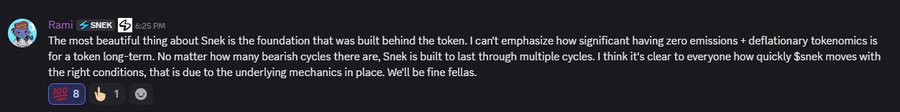 "@snek" refers to a popular social media platform where someone has posted an image of themselves with the caption "3 years and counting for @snek Despite market conditions $SNEK is well positioned. May be $30m MC now it could go down a little more perhaps and that' s fine. You know why?" which implies that the individual might have been discussing their experience in investing or financial markets, possibly relating to the deflationary meme token or another similar concept featured on the image.