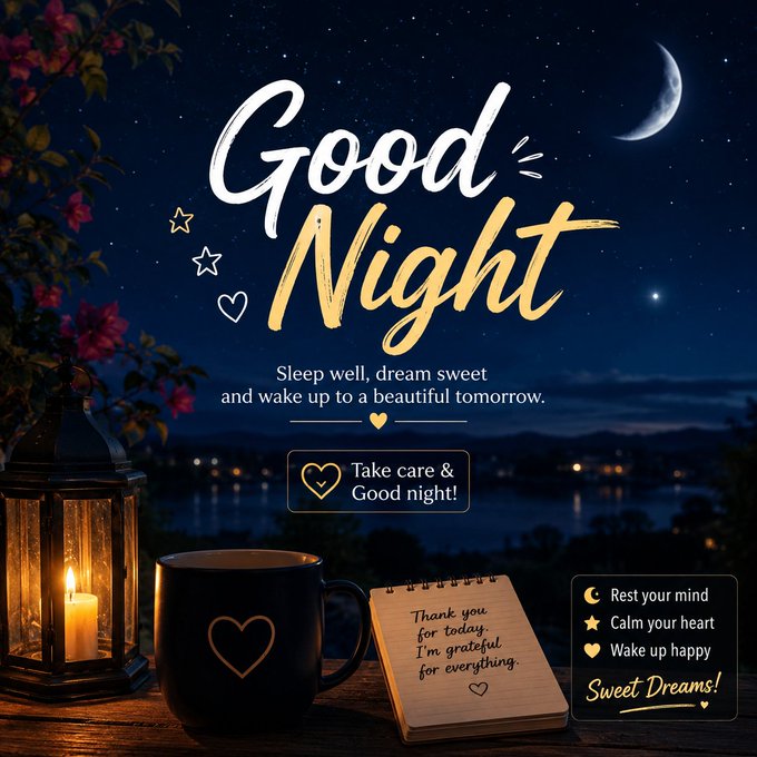 A 'Good Night' greeting graphic featuring stylized text, a crescent moon, and an illustration of a lit candle, a coffee mug with a heart, and a gratitude note on a wooden surface.