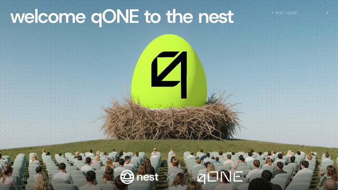 A promotional graphic reading 'welcome qONE to the nest' features a large green egg with the qONE logo sitting in a nest, displayed before an audience in theater seating.
