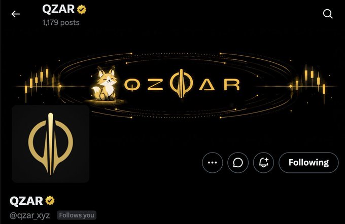 The image shows the Instagram/Twitter profile page for "QZAR" (@qzar_xyz), featuring 1,179 posts and a luxury-style banner with a Shiba Inu dog, golden "QZAR" text, and a stylized "Q" logo on a black background with sparkles. This aligns with the post's promotion of QZAR as a product on Solana (accessible via the Telegram link), highlighting the project's branding and verified presence despite having no token.