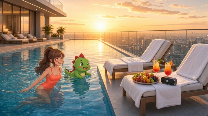 The image shows a young woman with glasses and a ponytail relaxing in a rooftop infinity pool alongside a cute green cartoon dinosaur character, with lounge chairs holding tropical drinks and a fruit platter nearby as the sun sets over a city skyline. The scene visually reinforces the post's message about @sleepagotchi's engaging reward loop—by depicting the "unlock more experiences" reward tier as a luxurious lifestyle, it illustrates how taking care of the Dino (the green dinosaur) leads to aspirational, desirable outcomes, making the repeated sleep-tracking behavior feel rewarding and fun.