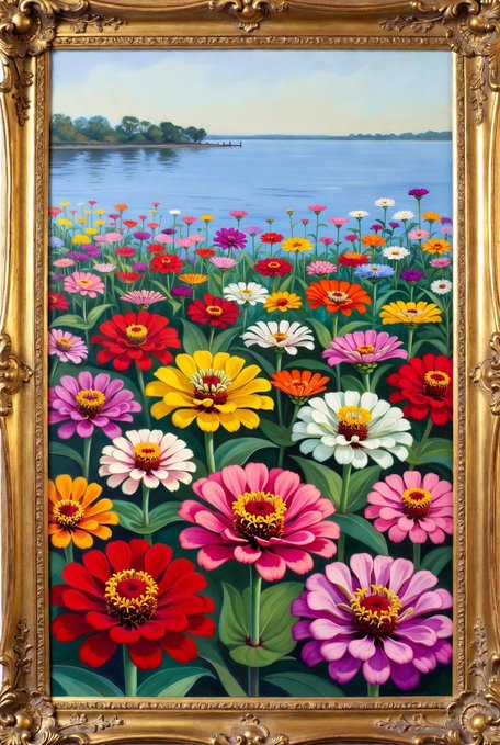 A colorful painting in an ornate gold frame depicting a field of vibrant zinnias and daisies with a body of water in the background.