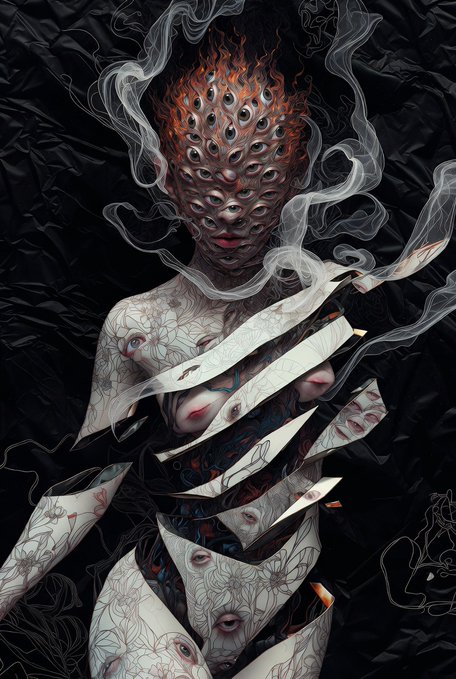 The image features a woman with an intricate and detailed costume that includes many eyes painted on her face. The costume consists of strips of paper, giving it a unique and artistic appearance. The background of the image is black, which contrasts with the white body of the woman and further accentuates the details of her costume. The post also mentions "Sacred Chaos" as part of its title, suggesting that this artwork might be inspired by or related to spiritual themes or concepts.