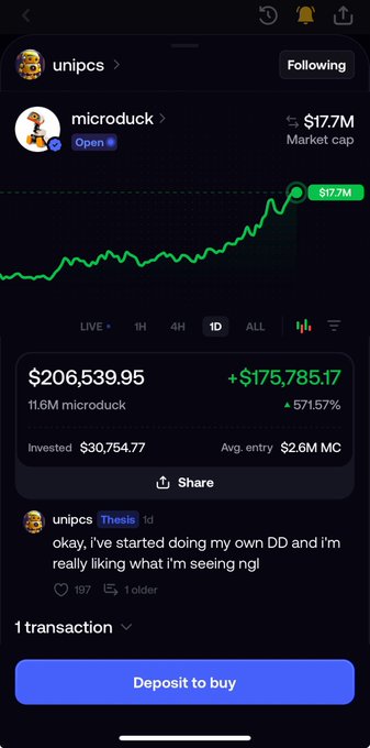 A Robinhood-style portfolio screenshot from user "unipcs" showing a position in microduck (microduck) with a current value of $206,539.95 on an $30,754.77 investment, marked by the caption "$17.7M Market cap" and a chart depicting the token's +571.57% gain. The post celebrates unipcs's successful call, noting the dramatic price increase from a $2.6M entry market cap to $17.7M.