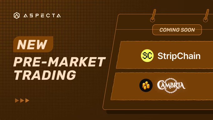 A promotional graphic from Aspecta announcing 'NEW PRE-MARKET TRADING' with upcoming listings including StripChain (SC) and Cambria.