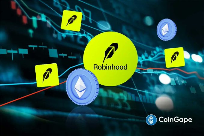 A digital graphic featuring Robinhood logos and Ethereum (ETH) coins overlaid on a background showing financial candlestick charts and line graphs, branded with 'CoinGape' in the corner.