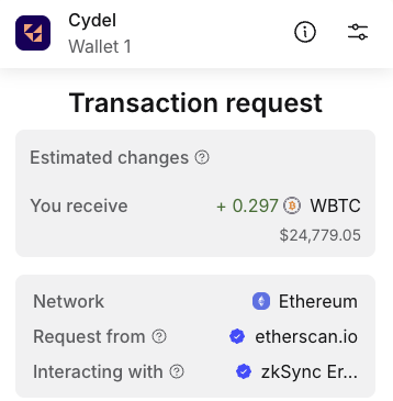 A Cydel Wallet 1 transaction request screen showing an incoming transfer of +0.297 WBTC (~$24,779.05) from etherscan.io via zkSync on the Ethereum network.