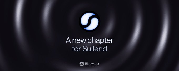 A dark graphic with the text "A new chapter for Suilend" alongside the Suilend logo, presented by Bluewater, announcing Bluewater's acquisition of Suilend (including Steamm and SpringSui) while reassuring users that the team, brand, and roadmap remain unchanged.