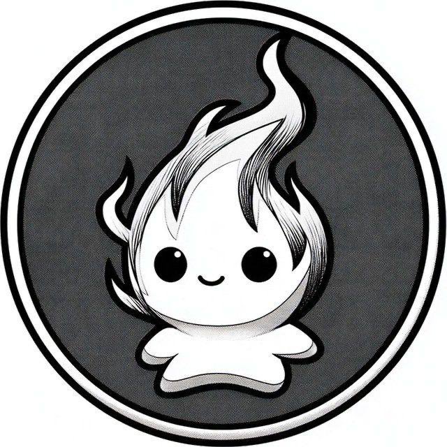 A cute chibi-style white flame character with large eyes and a smile, framed inside a circular black border, serves as the mascot for the $ASH (Ashborn) Solana memecoin.