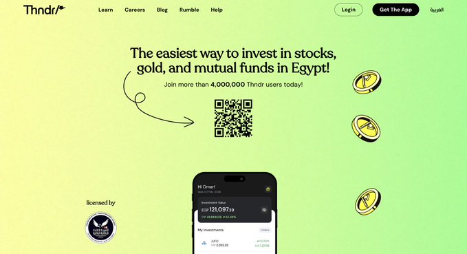 The image is a promotional banner for the Thndr app, an Egyptian investment platform, featuring the headline "The easiest way to invest in stocks, gold, and mutual funds in Egypt!" and noting their user base of over 4,000,000. A "licensed by FRA" (Financial Regulatory Authority) badge and a phone screenshot displaying a gold investment of "EGP 120,087.19" are shown alongside falling gold coin graphics.

In relation to the post about TigerBeetle powering 40% of Egyptian Exchange transactions, the image showcases Thndr as one of the consumer-facing applications built on top of that financial infrastructure, illustrating how TigerBeetle's transaction engine ultimately enables retail investors like Thndr's 4+ million users to trade stocks, gold, and mutual funds.