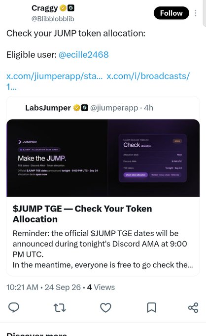 A tweet from 'Craggy' (@Blibblobllib) checking JUMP token allocation for eligible user @ecille2468, featuring a retweeted post from LabsJumper (@jumperapp) about the $JUMP TGE.